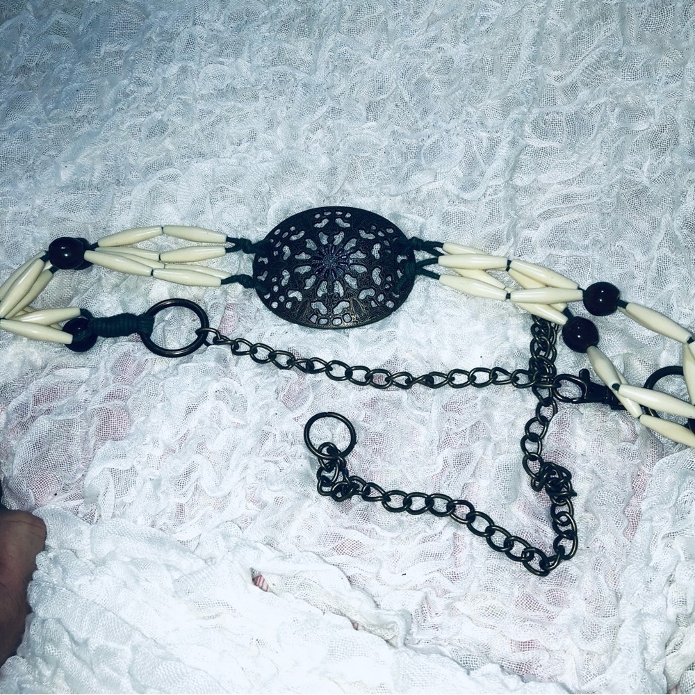 Vintage Elegant Brown and Cream Chain Belt with medallion in middle, 46โ long